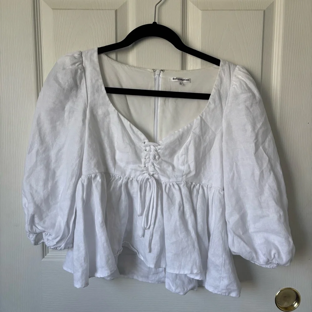 Reformation Abigail Linen White Puff Sleeve Blouse